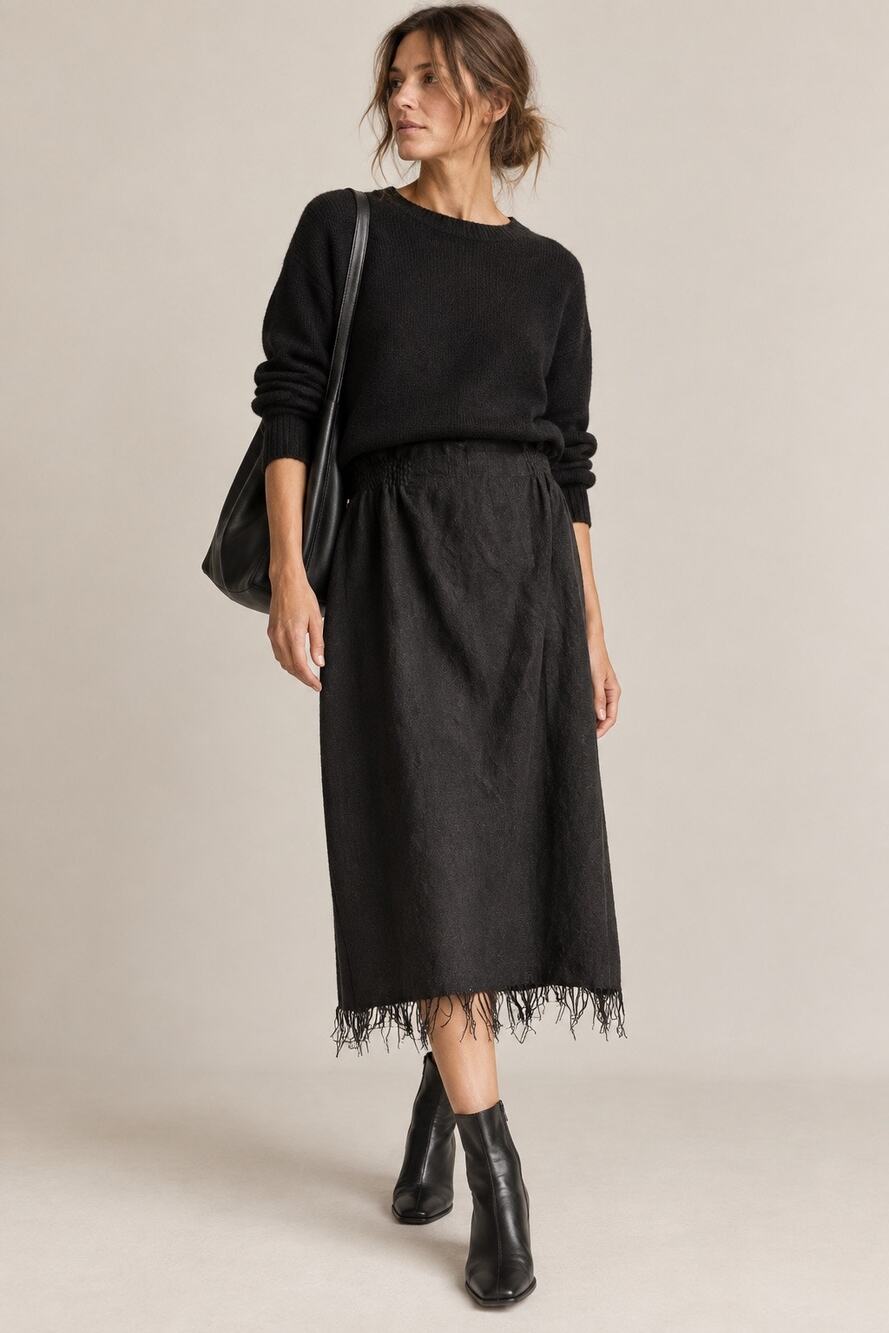 Maurizio Pecoraro Black Fringe Hem Midi Skirt Made in Italy Size M/L